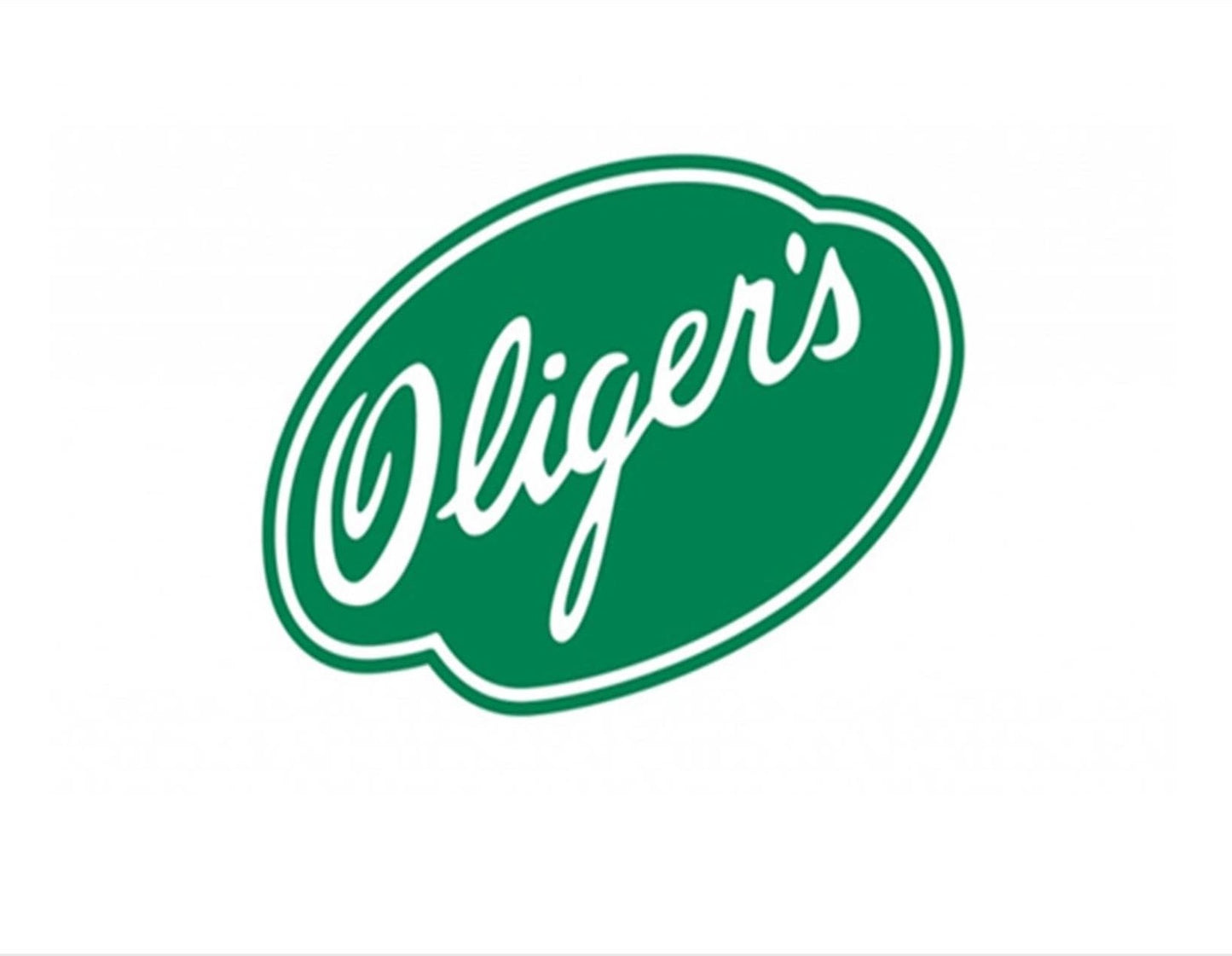 Green oval logo with white cursive text "Oliger's" representing lawn and garden grass seed brand