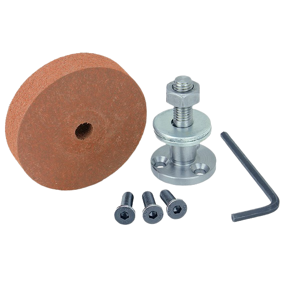 Round sharpening stone with metal mounting hardware, hex screws, and an L-shaped wrench for tool maintenance tasks