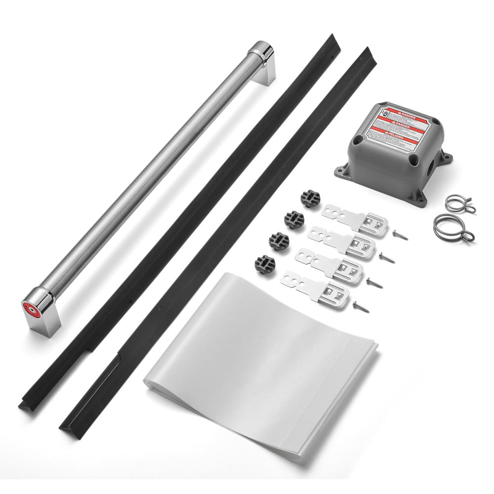 Dishwasher installation kit with stainless steel handle, mounting brackets, clamps, and seal strips for KitchenAid appliances.