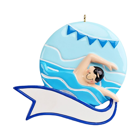 Boy swimmer ornament with goggles and swim cap, blue banner for Christmas tree decor under $50