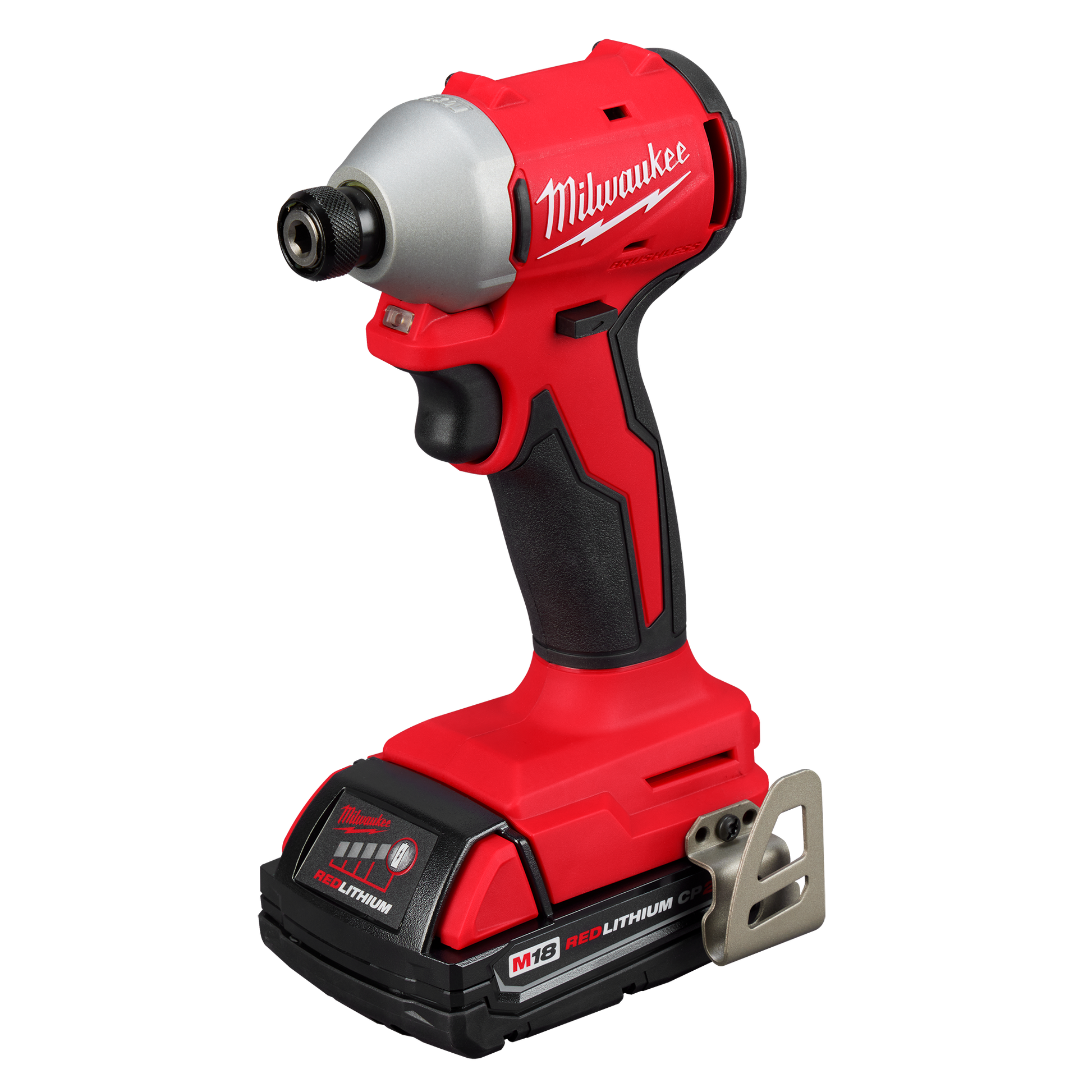 Compact red and black lithium-ion cordless impact driver from Milwaukee Power Tools for home improvement and drilling tasks