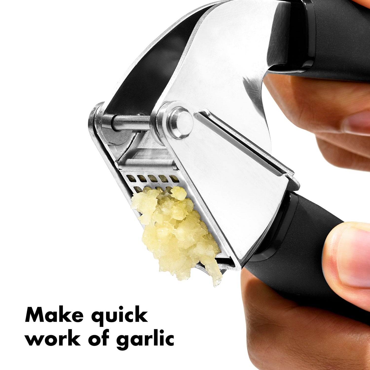 Stainless steel garlic press with large pressing chamber and black grips for kitchenware under $50 collections