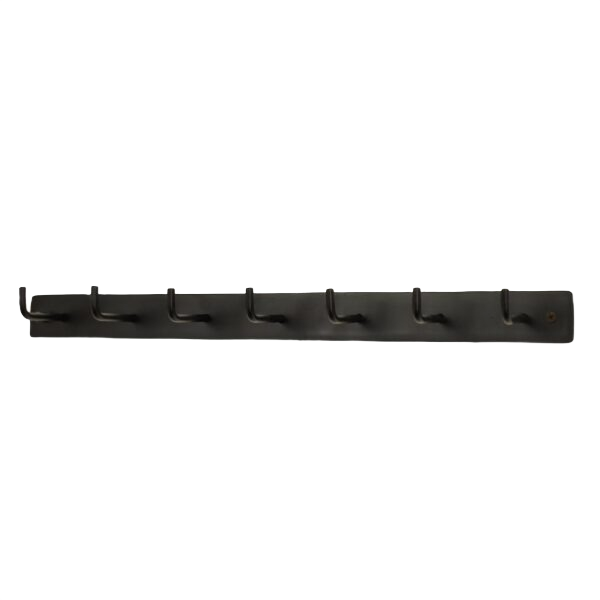 Black metal wall hook rack with eight hooks for storage and organization in closets or entryways.