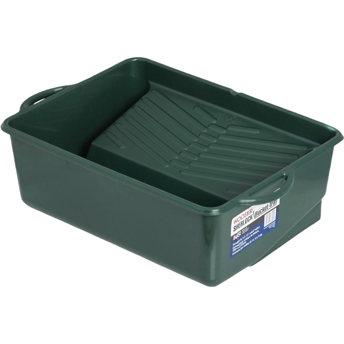 Green durable solvent-resistant paint tray bucket with built-in wide roll-off grid for home improvement and cleaning tasks