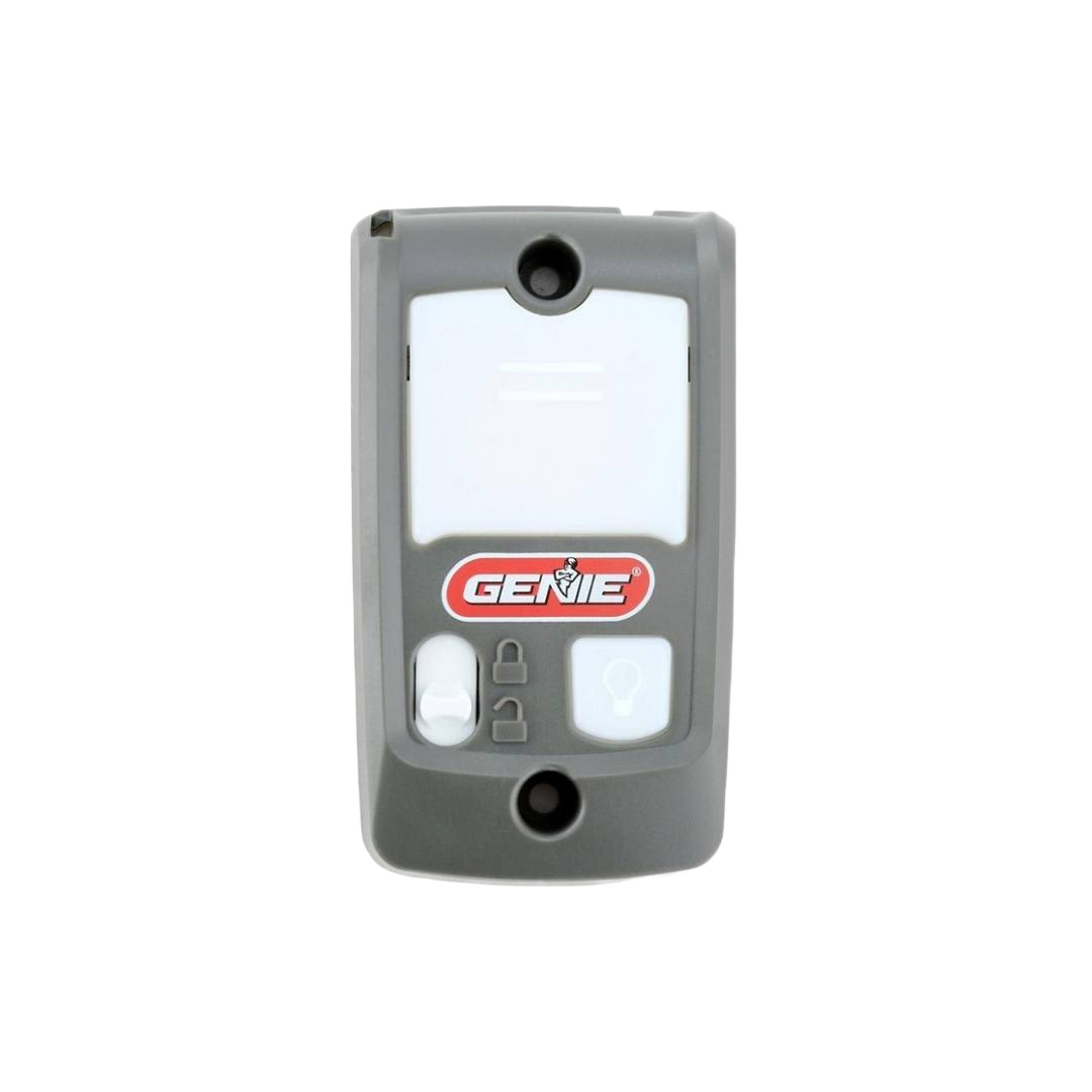 Compact gray wired garage door opener wall console with three buttons and clear Genie logo for home use