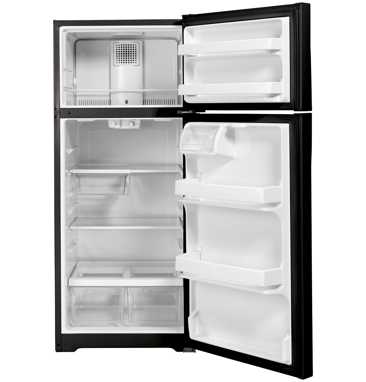 Open black top-freezer refrigerator with spacious interior shelving and clear crisper drawers in appliances collection