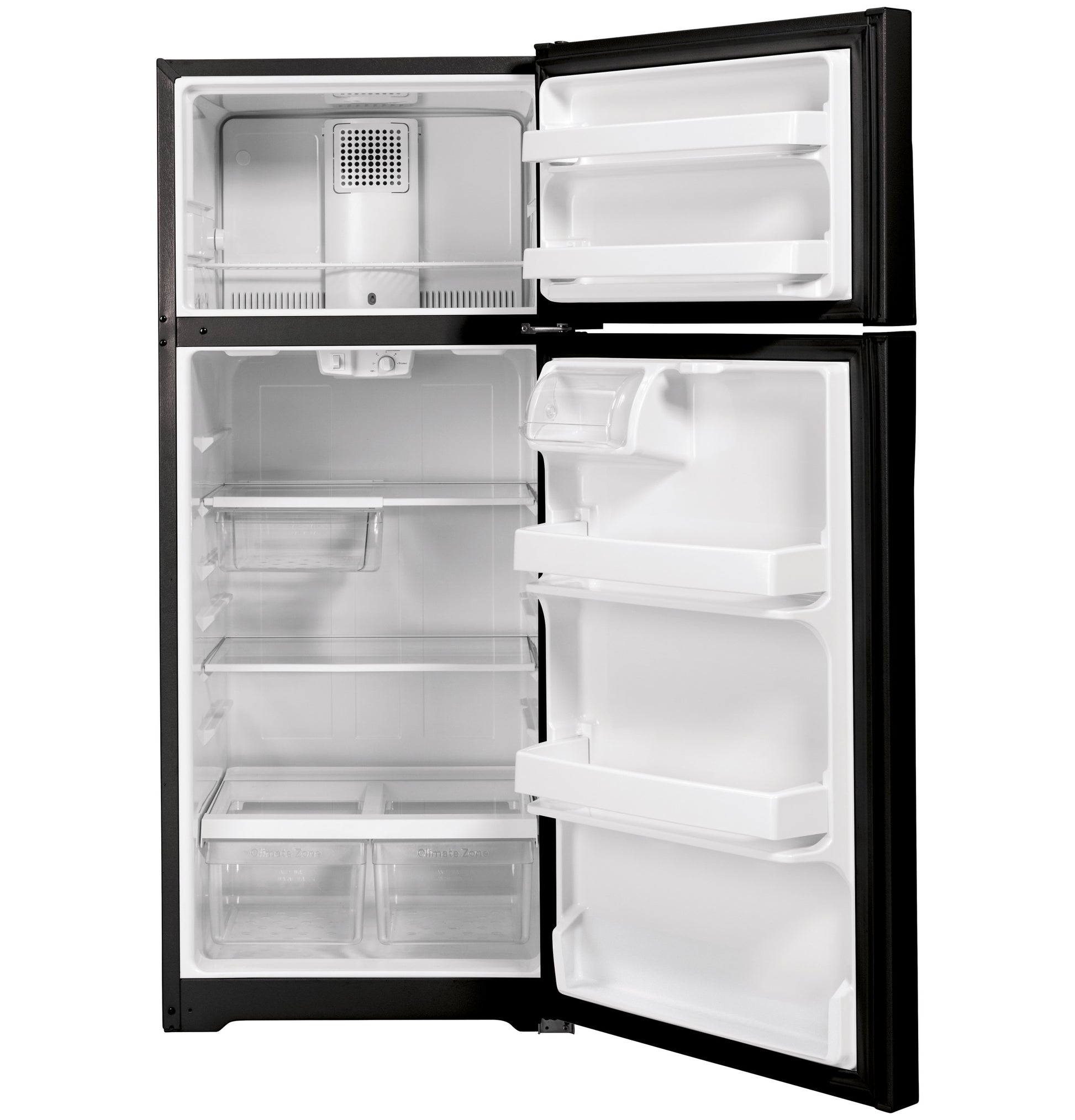Open black top-freezer refrigerator with spacious interior shelving and clear crisper drawers in appliances collection