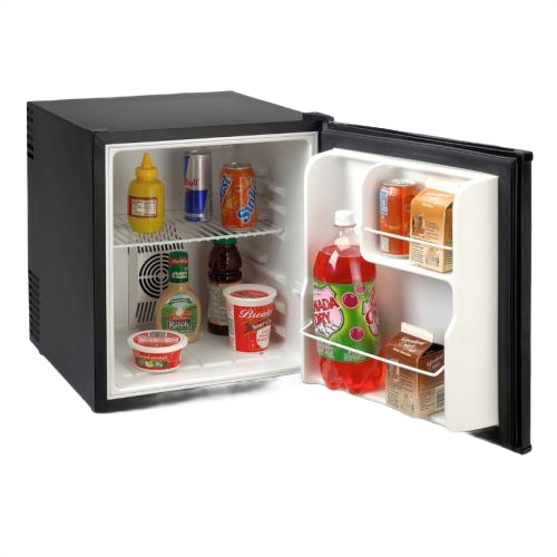 Compact black mini fridge with open door showing shelves stocked with beverages and condiments for kitchen and appliance use