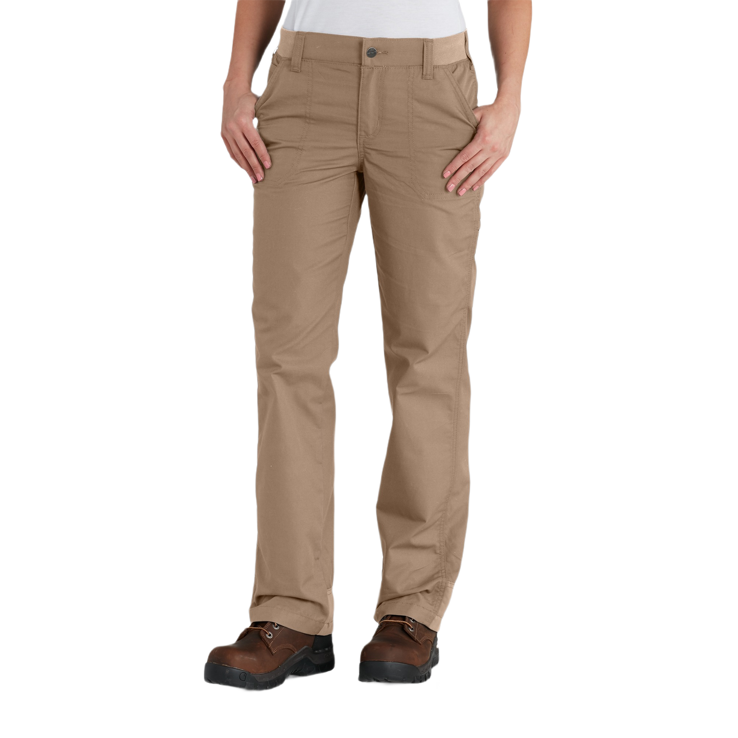 Front view of person wearing tan work pants and brown work boots suitable for outdoor or labor-intensive tasks