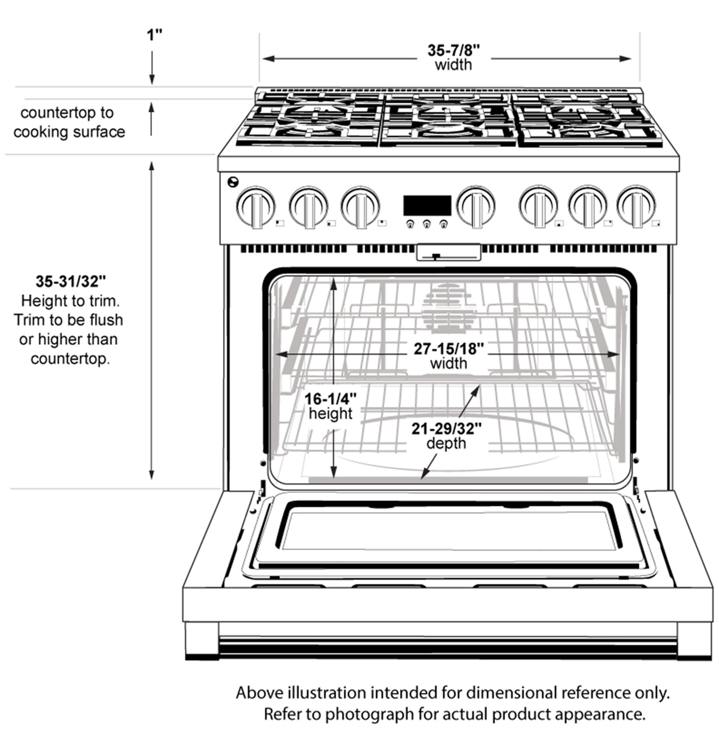 Line drawing of a six-burner dual-fuel range with detailed oven interior and exterior dimensions for kitchen appliance reference