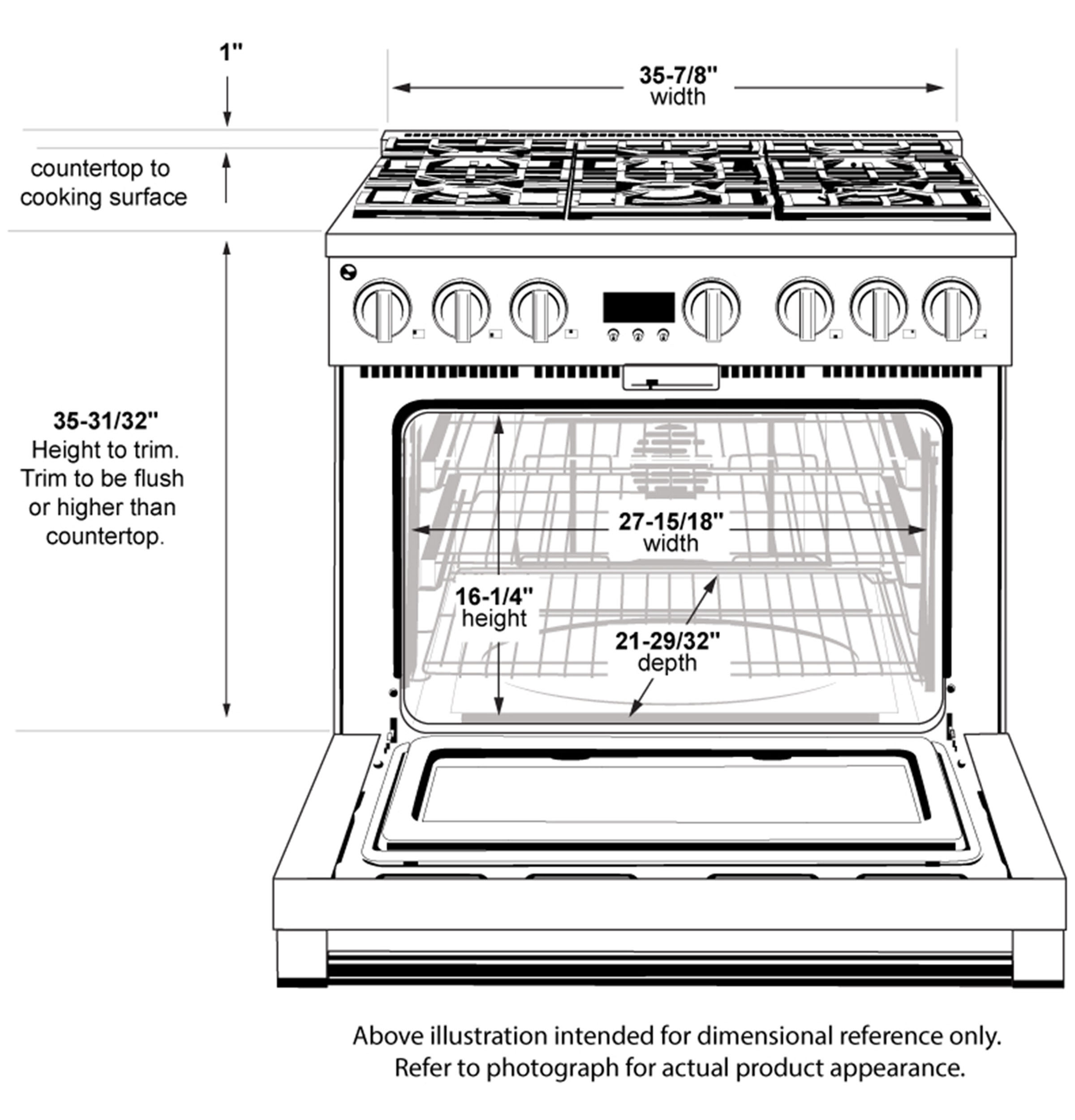 Line drawing of a six-burner dual-fuel range with detailed oven interior and exterior dimensions for kitchen appliance reference