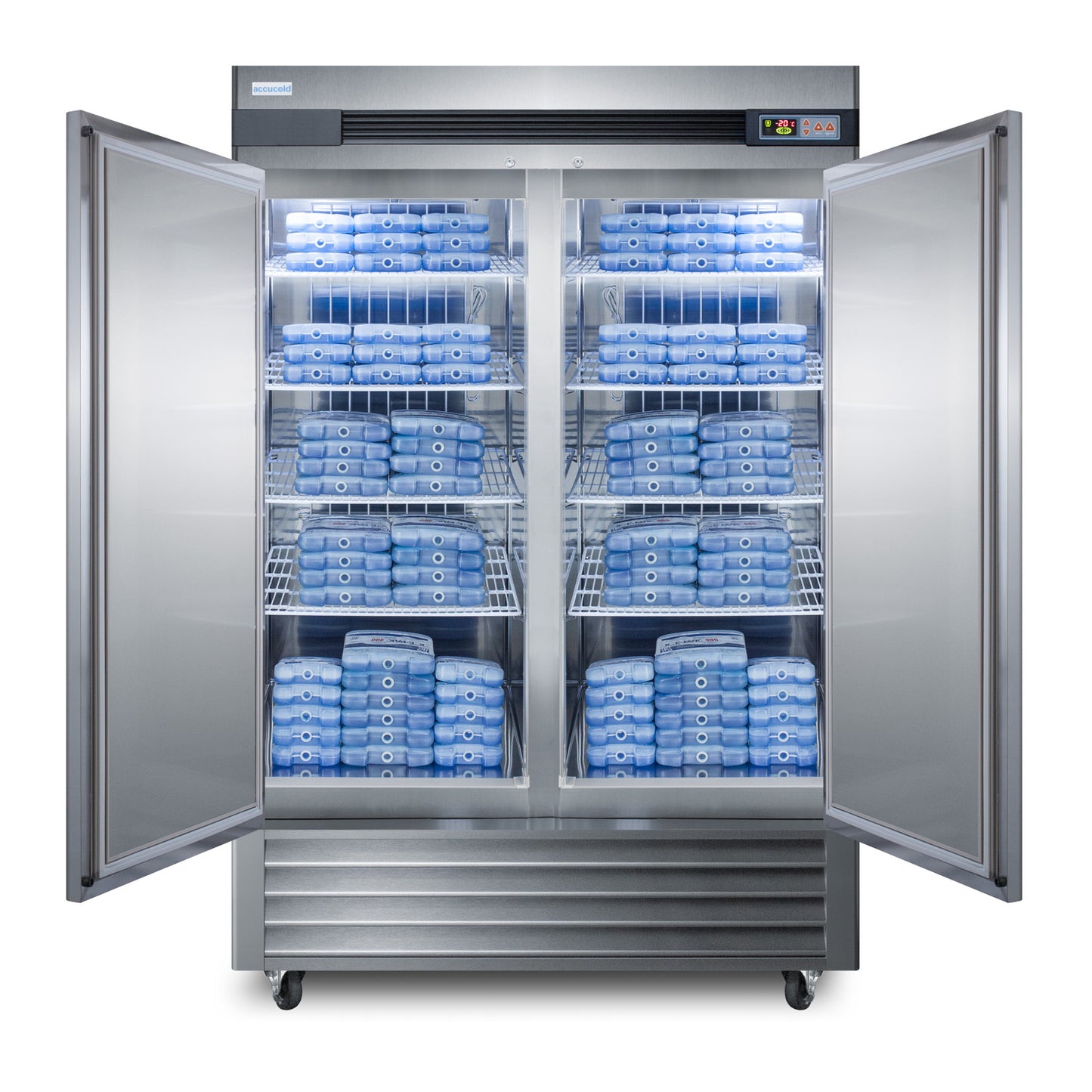 Stainless steel upright freezer with open doors showing organized vaccine storage in refrigerators and appliances collection