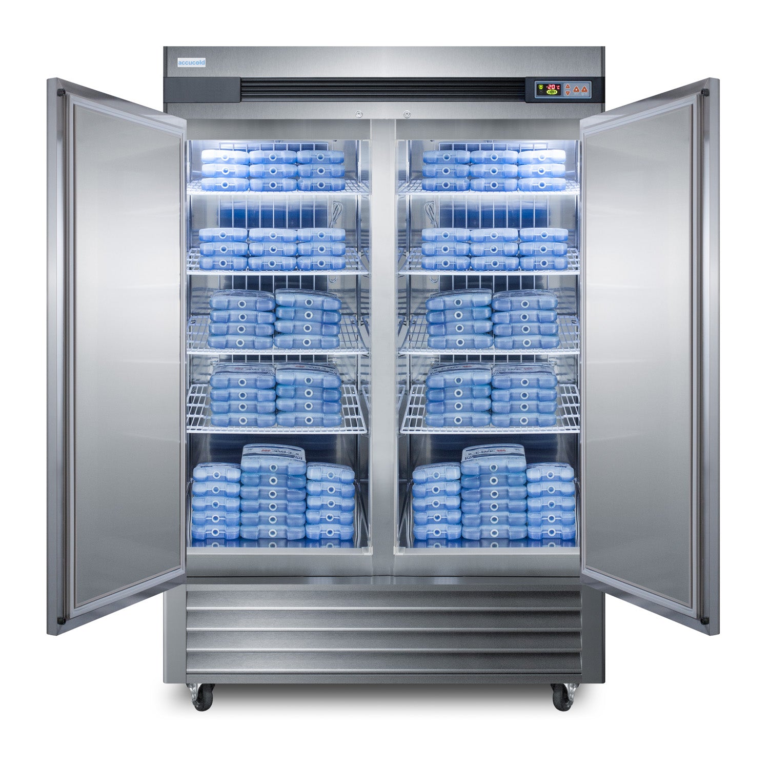Stainless steel upright freezer with open doors showing organized vaccine storage in refrigerators and appliances collection