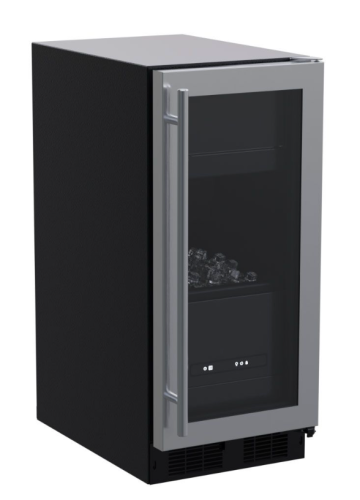 Black built-in clear ice machine with stainless steel trim, glass door, and digital controls for kitchen appliances collections