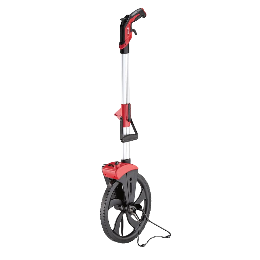 Red and black measuring wheel with digital display and ergonomic handle for woodworking and home improvement tools collections