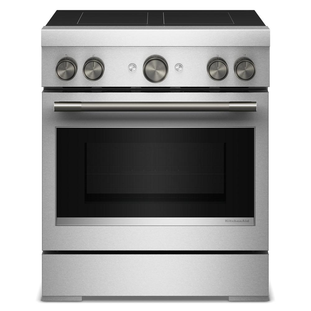 Stainless steel freestanding induction range with four heating elements and commercial-style control knobs in kitchen appliances collection