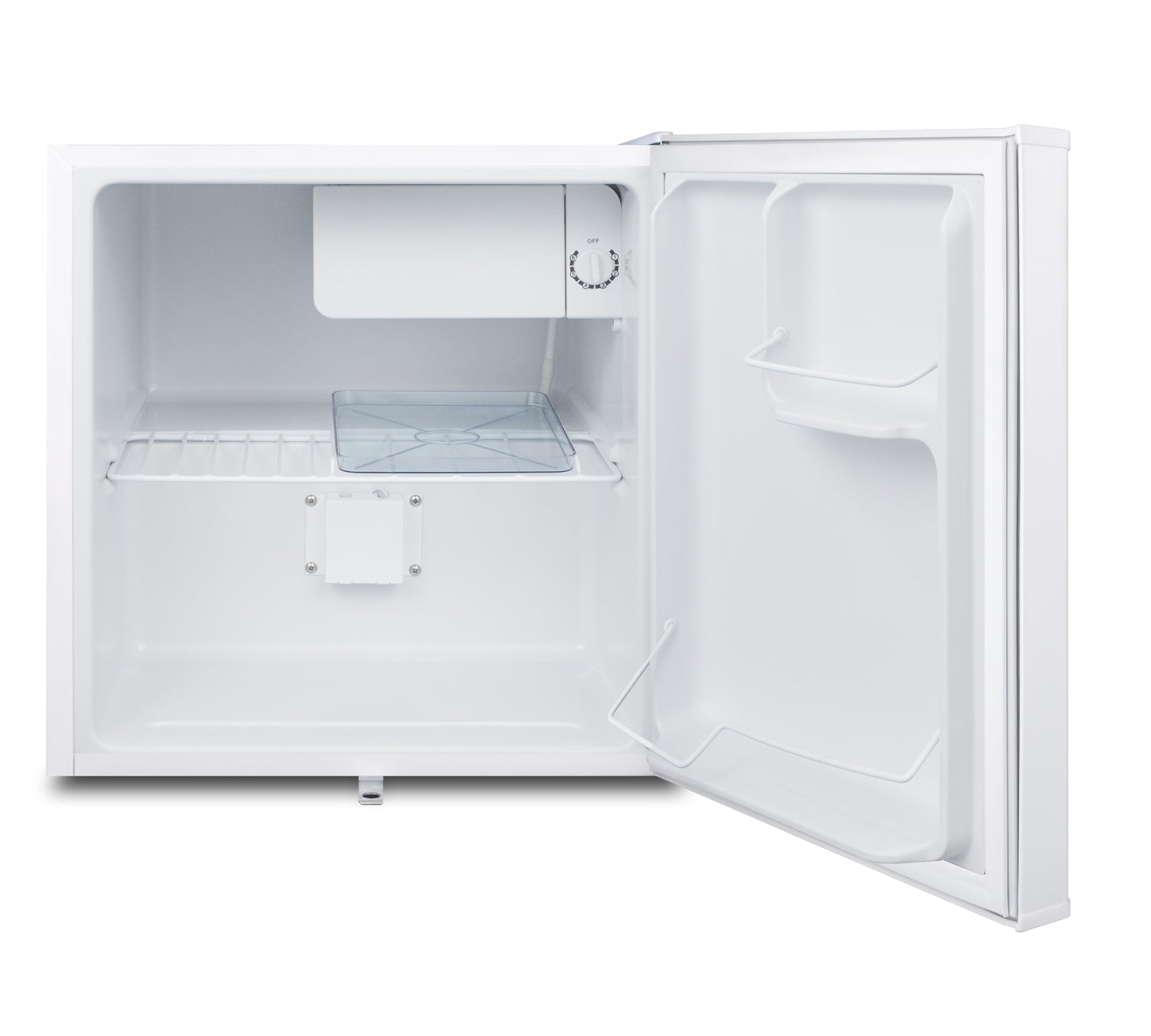 White compact refrigerator-freezer interior with wire shelf, small freezer compartment, and door storage from mini refrigerators collection