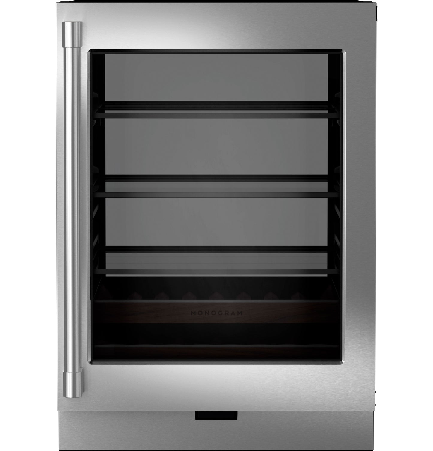 Stainless steel panel-ready beverage center with glass door, multiple shelving, and modern kitchen appliance design