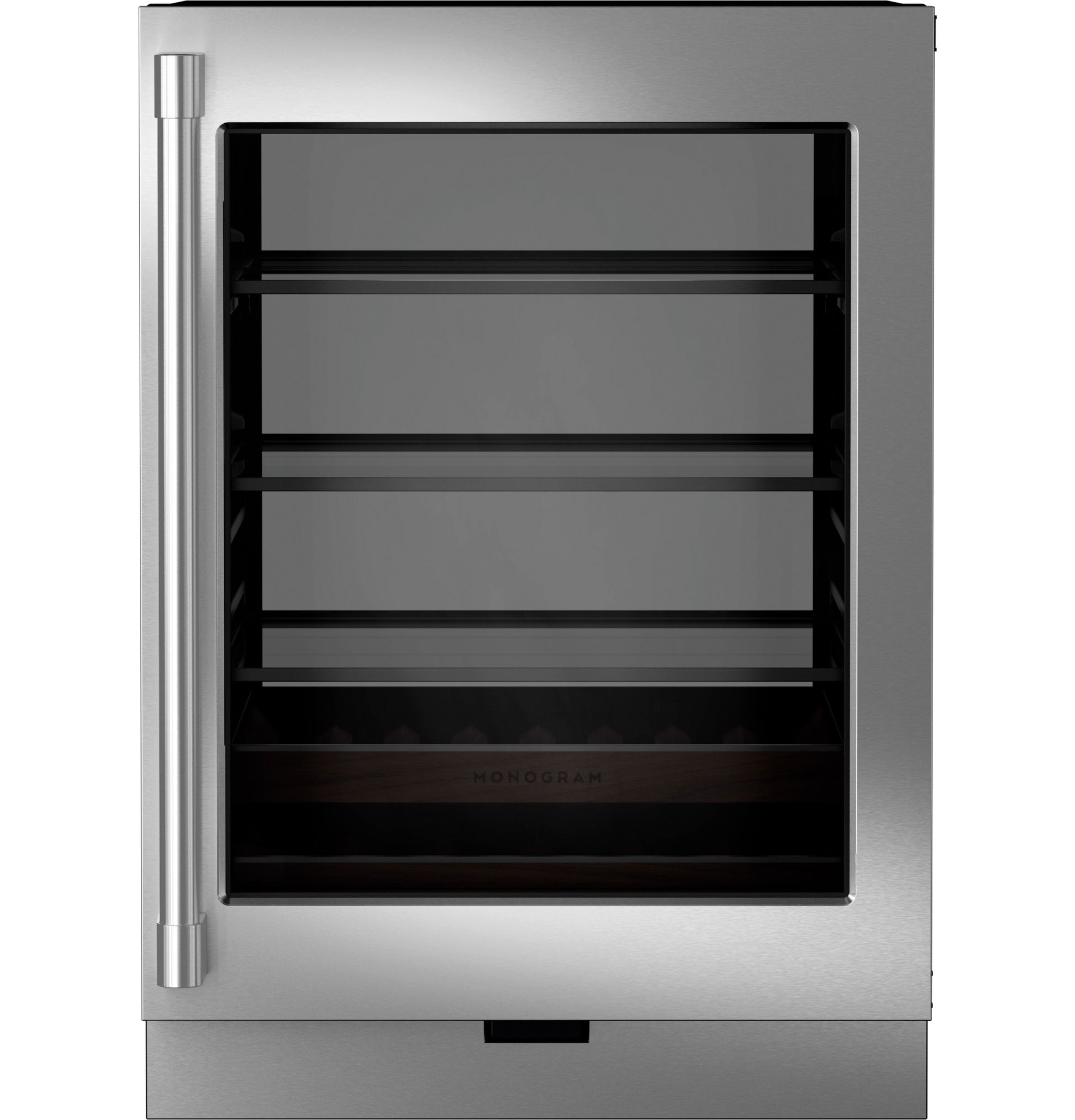 Stainless steel panel-ready beverage center with glass door, multiple shelving, and modern kitchen appliance design