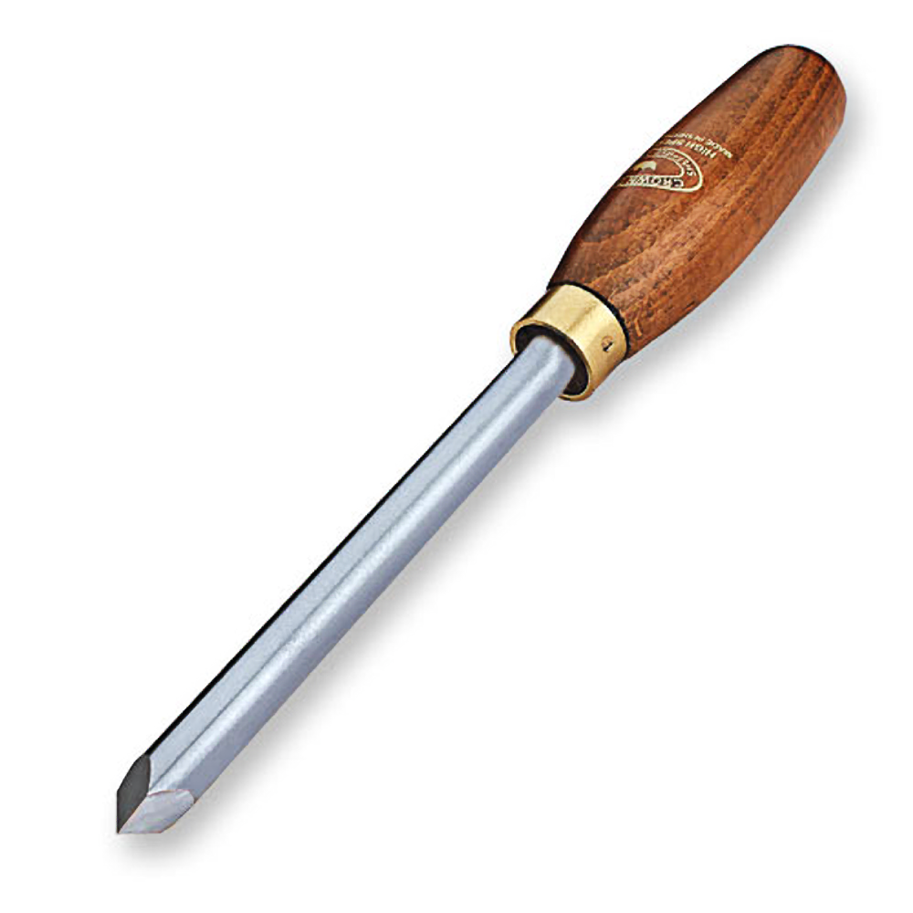Three point tool with polished steel blade and smooth wooden handle for precision woodworking tasks