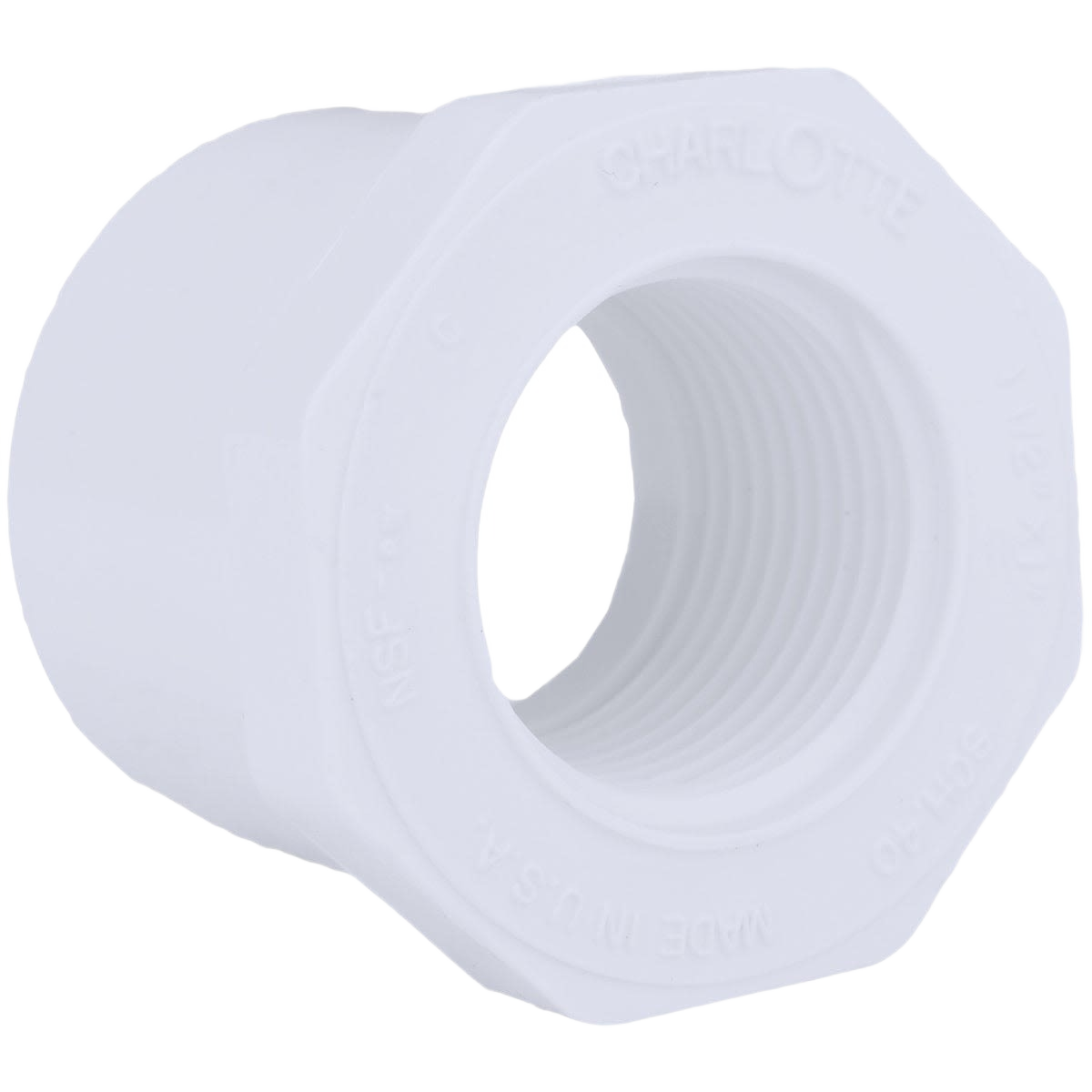 White PVC bushing fitting with threaded interior for plumbing in pipes & fittings and home improvement collections under $50