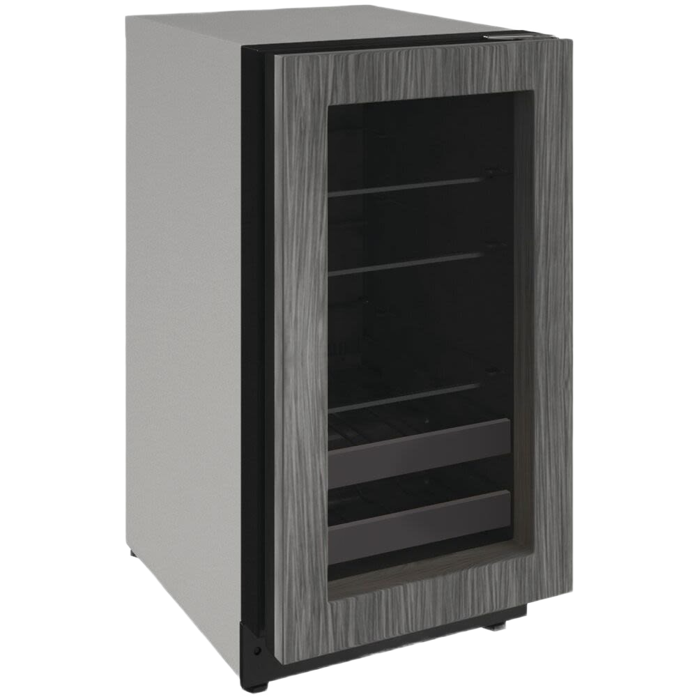 Built-in beverage center with reversible hinge, glass door, adjustable shelves, and dark wood frame for kitchen spaces