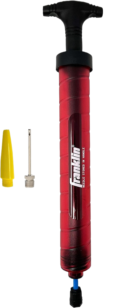 Red manual inflating pump with black handle and included metal needle and yellow adapter for sports equipment inflation