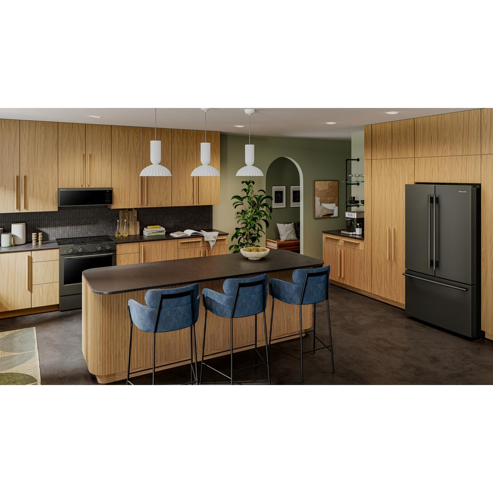 Modern kitchen with wood cabinetry, black over the range microwave, black electric range, and black refrigerator appliances