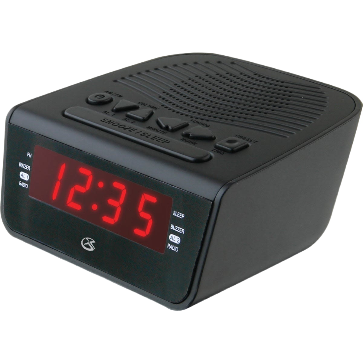 Black digital alarm clock radio with red LED display and control buttons for dual alarms in home decor collections