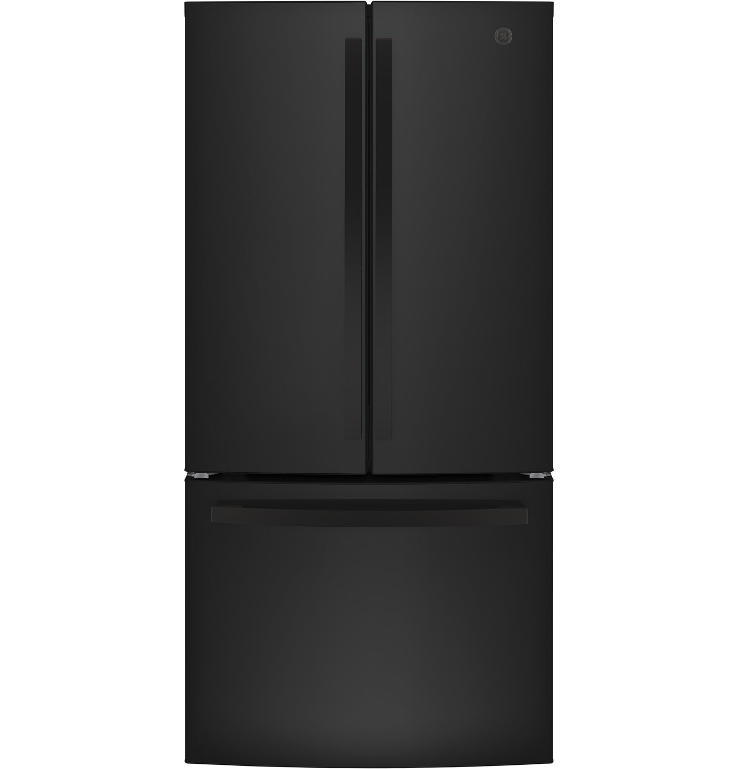 Black French-door refrigerator with bottom freezer drawer and recessed handles in kitchen appliances collection