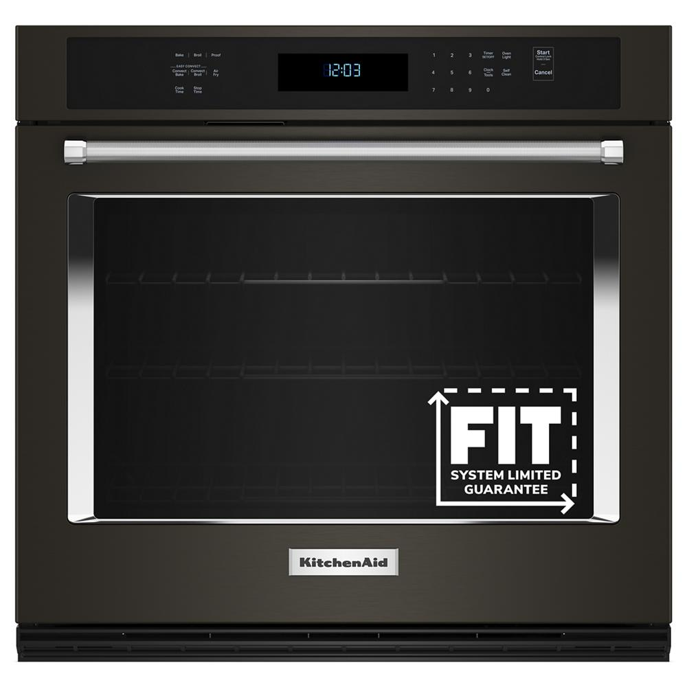 Black stainless steel 27-inch single wall oven with digital display and air fry mode, part of KitchenAid Appliances.