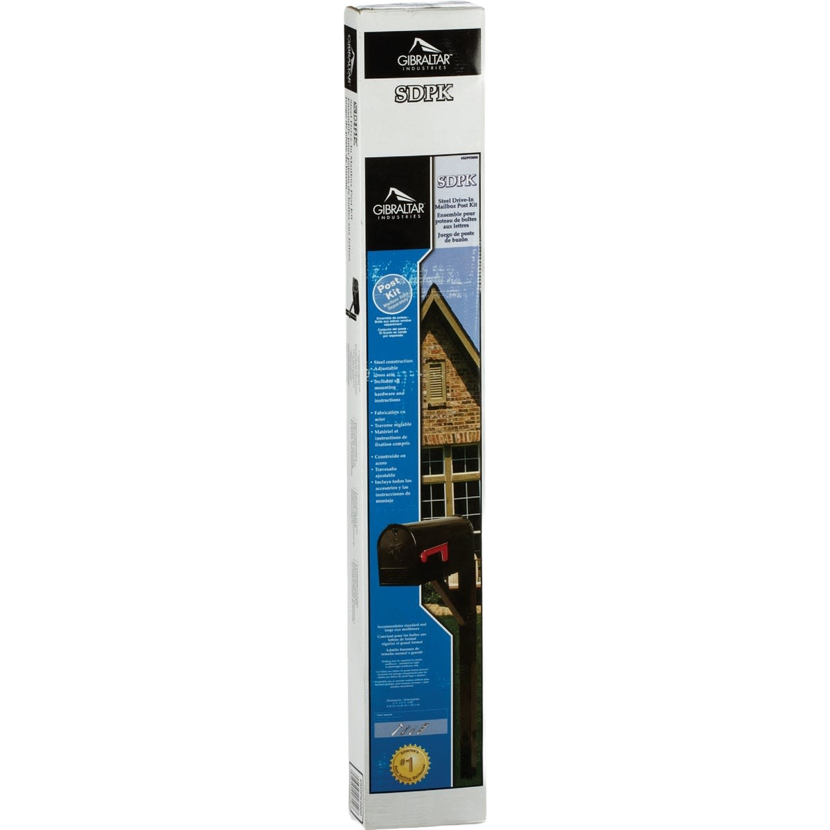 Tall rectangular packaging box displaying a post kit for mounting mailboxes with installation details and imagery