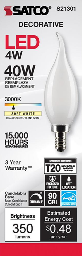 Satco 4 watt LED candelabra base bulb with frost finish, soft white 3000K light, dimmable for indoor lighting needs