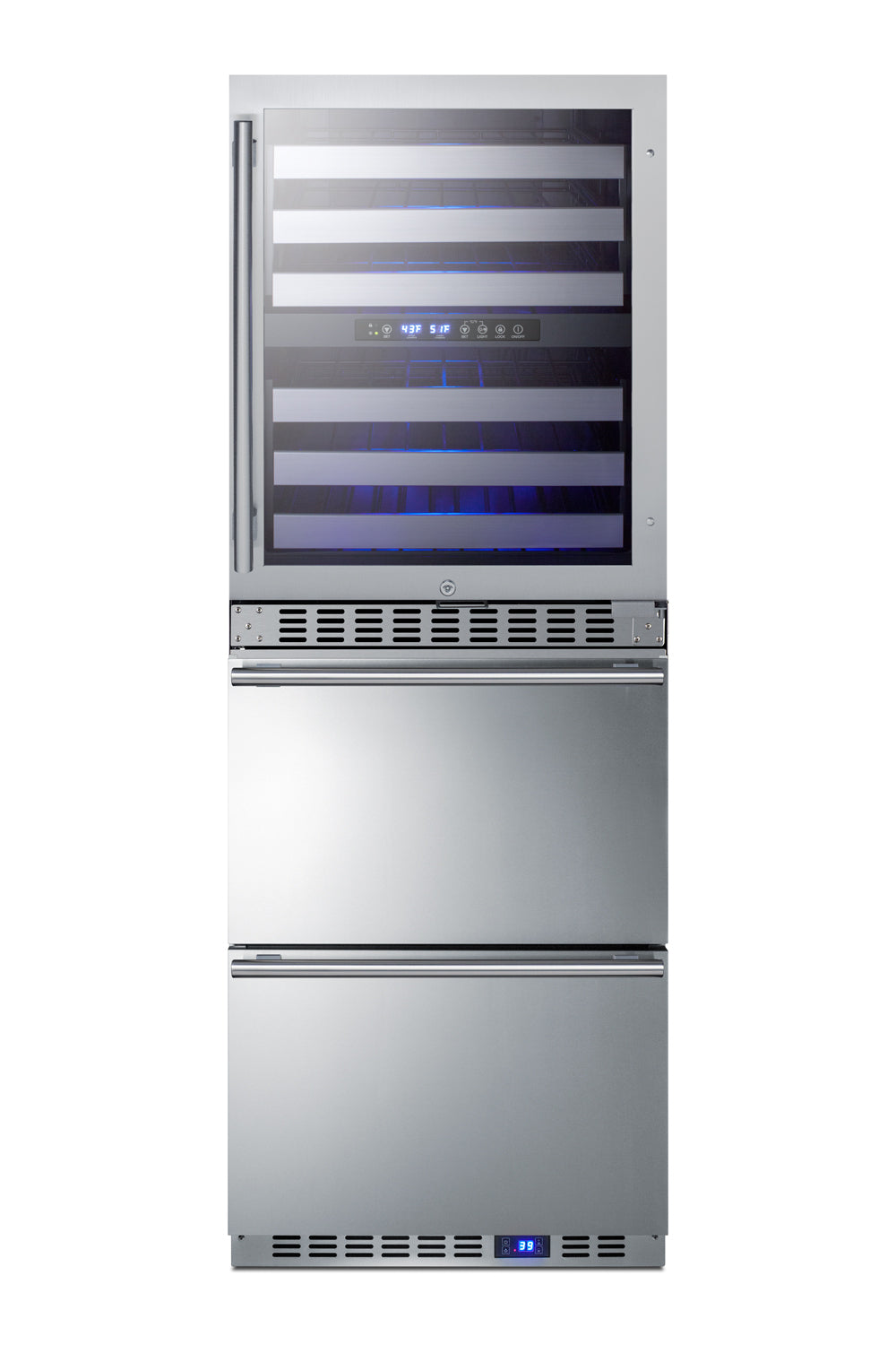 24-inch stainless steel combination dual-zone wine cellar with digital control and two-drawer refrigerator for kitchen appliances collection