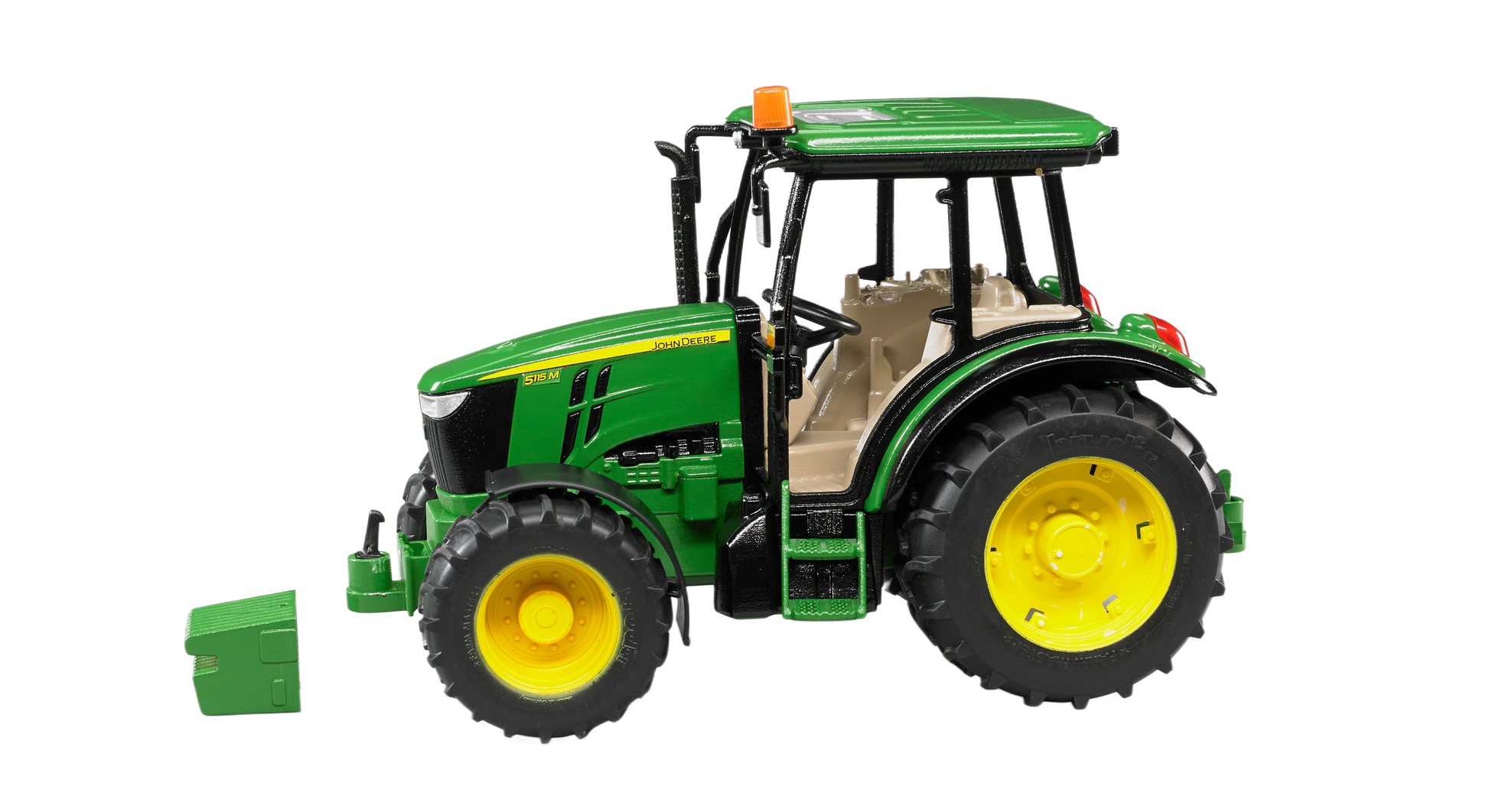Green and yellow Bruder John Deere 5115 M tractor model with open cabin and realistic rugged tires for play or display
