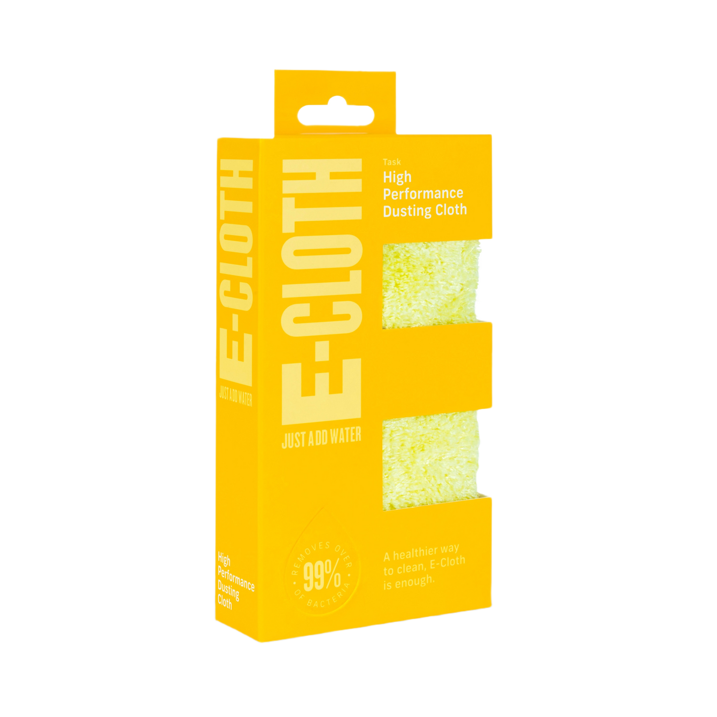 Yellow-packaged high performance dusting cloth with textured fibers for cleaning in tools and home improvement tasks