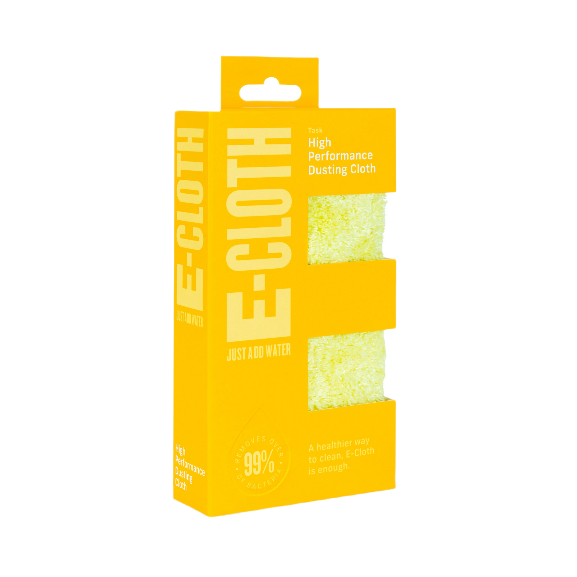 Yellow-packaged high performance dusting cloth with textured fibers for cleaning in tools and home improvement tasks