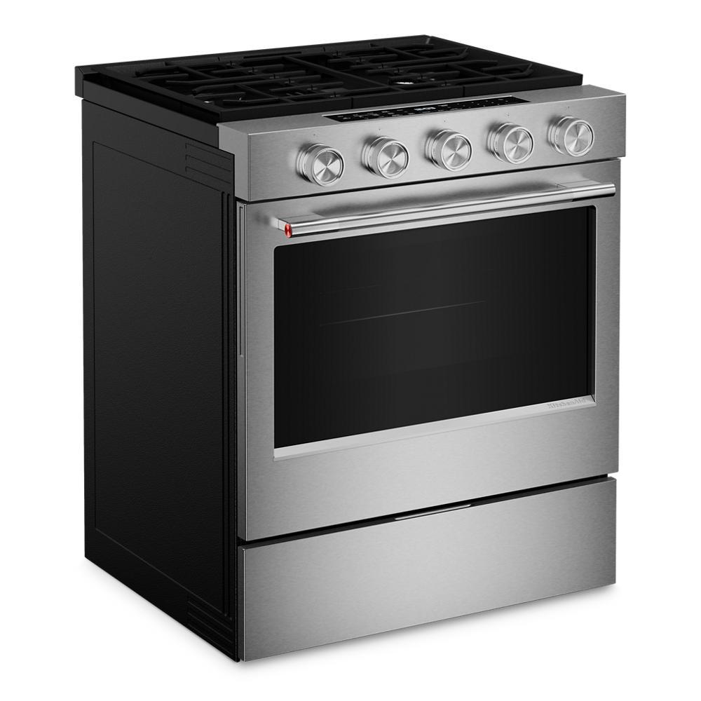 Stainless steel 30-inch smart slide-in gas range with convection oven, five control knobs, and large window, part of Kitchen & Kitchenware, Ranges, and Appliances collections.