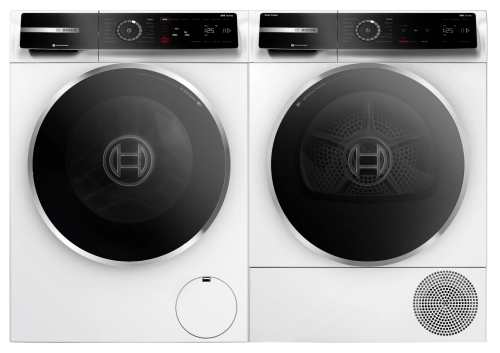 Front load compact washer and dryer set with black circular doors and digital control panels from Bosch appliances collection