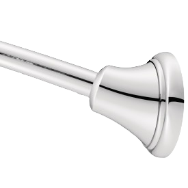 Close-up of polished chrome curved tension shower rod end with sleek mount, part of bathroom accessories under $100 collection