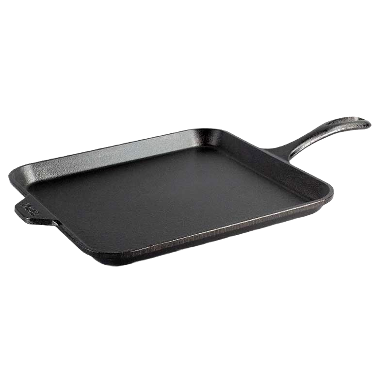 Seasoned 11-inch cast iron square griddle with handle, ideal for grilling and outdoor cooking accessories collections
