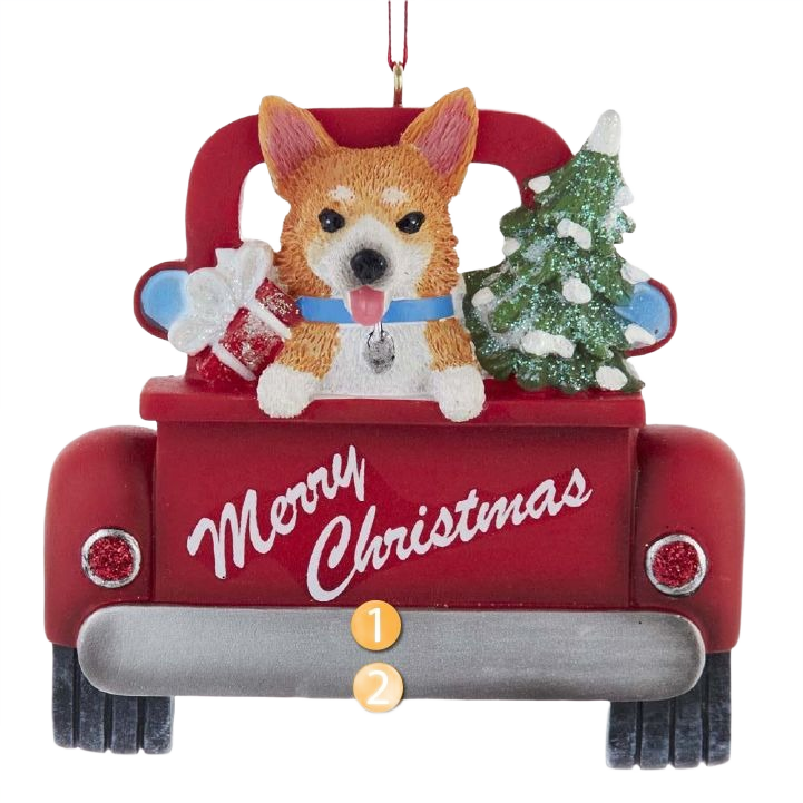 Resin Christmas ornament of a Corgi in a red truck with a tree and gift in holiday decorations collections