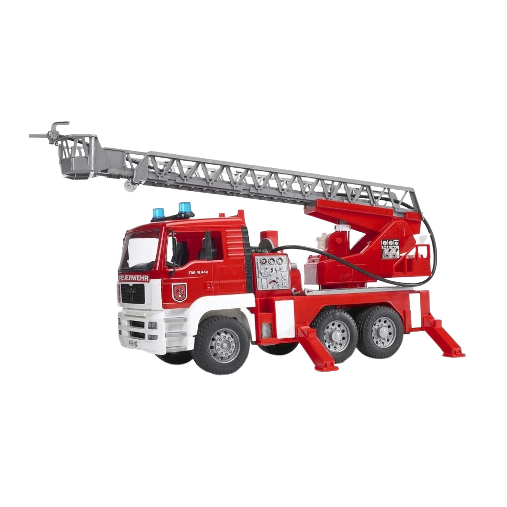 Red toy fire truck with extendable ladder, water pump, lights, and sounds for kids in vehicle and toy collections