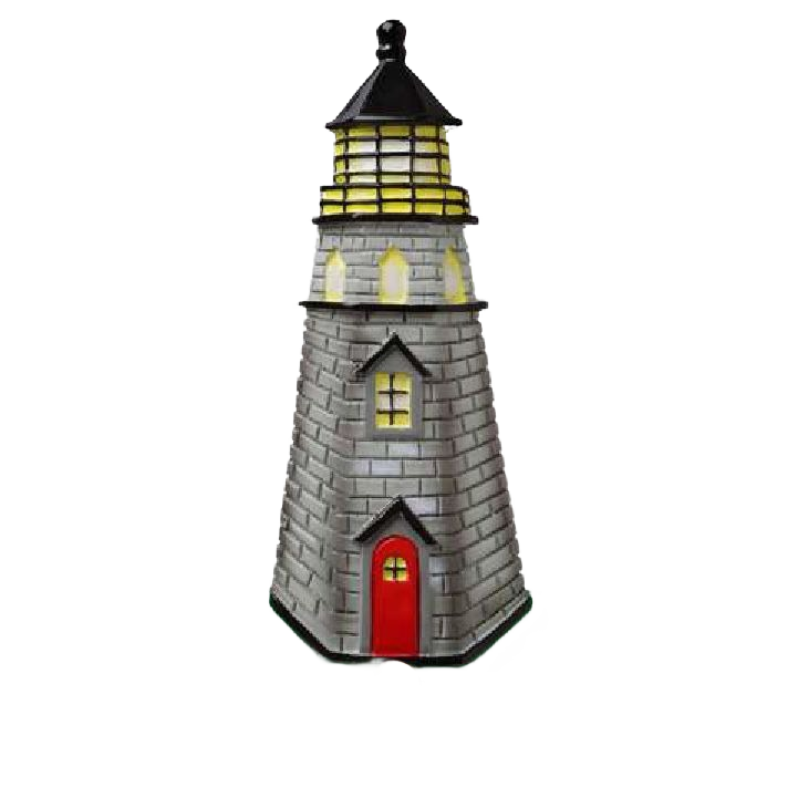 Gray brick lighthouse ornament with illuminated windows and red door in Christmas Ornaments & Tree Decorations collection