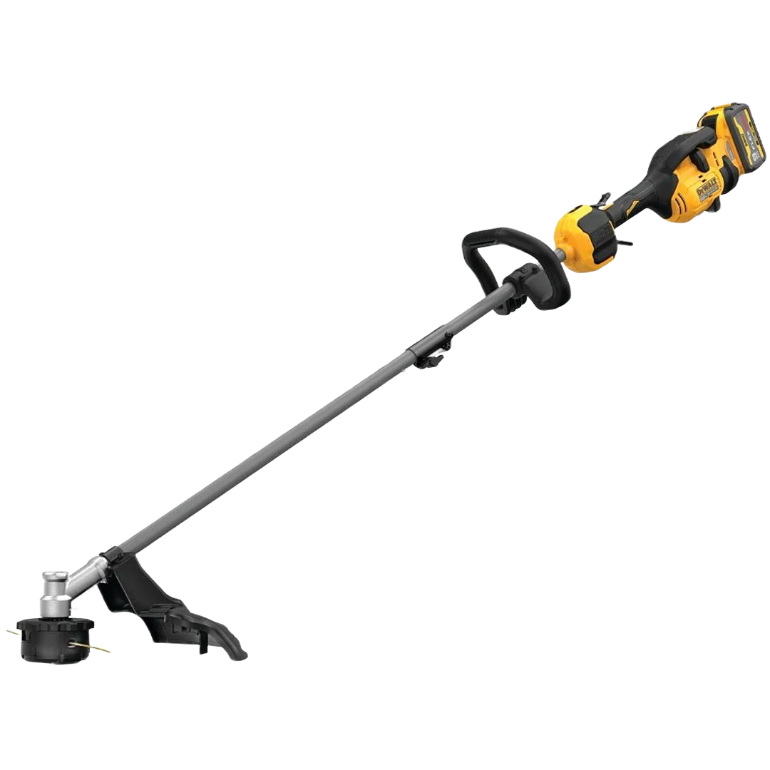 Cordless yellow and black brushless string trimmer with adjustable handle for outdoor tools and home improvement use