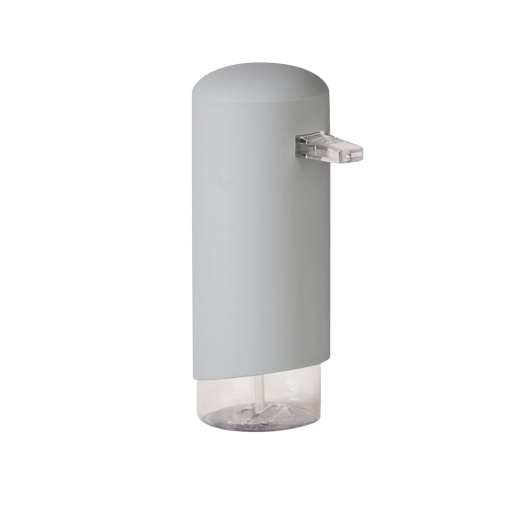 Grey foaming soap dispenser with transparent base for bathroom and kitchen countertop storage and organization.