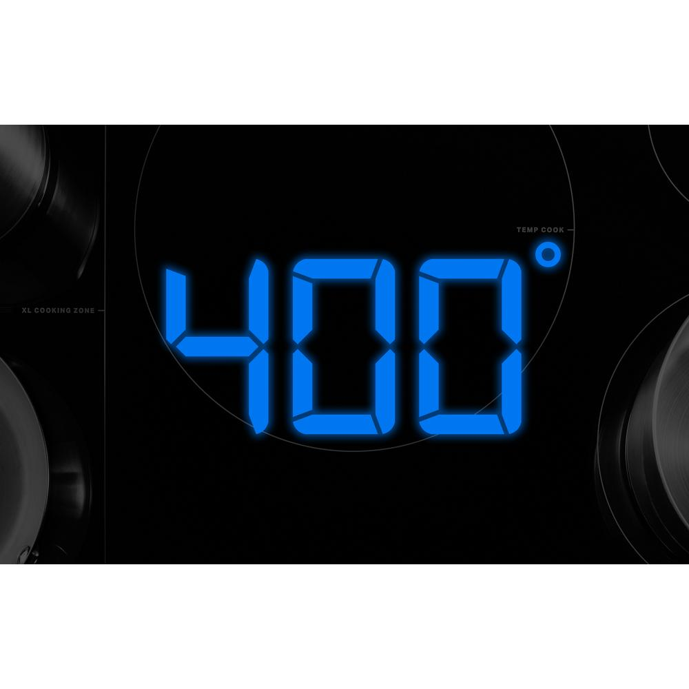 Close-up of digital blue temperature display reading 400 degrees on black induction cooktop surface in kitchen appliances collection