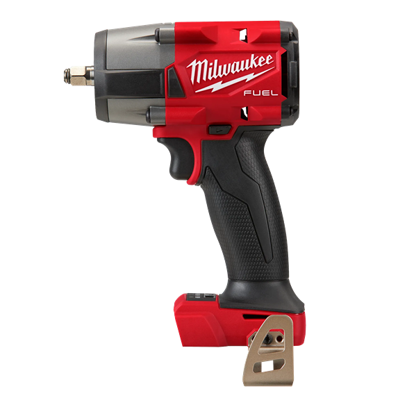Red and black cordless mid-torque impact wrench with ergonomic grip and metal friction ring for tools and home improvement tasks