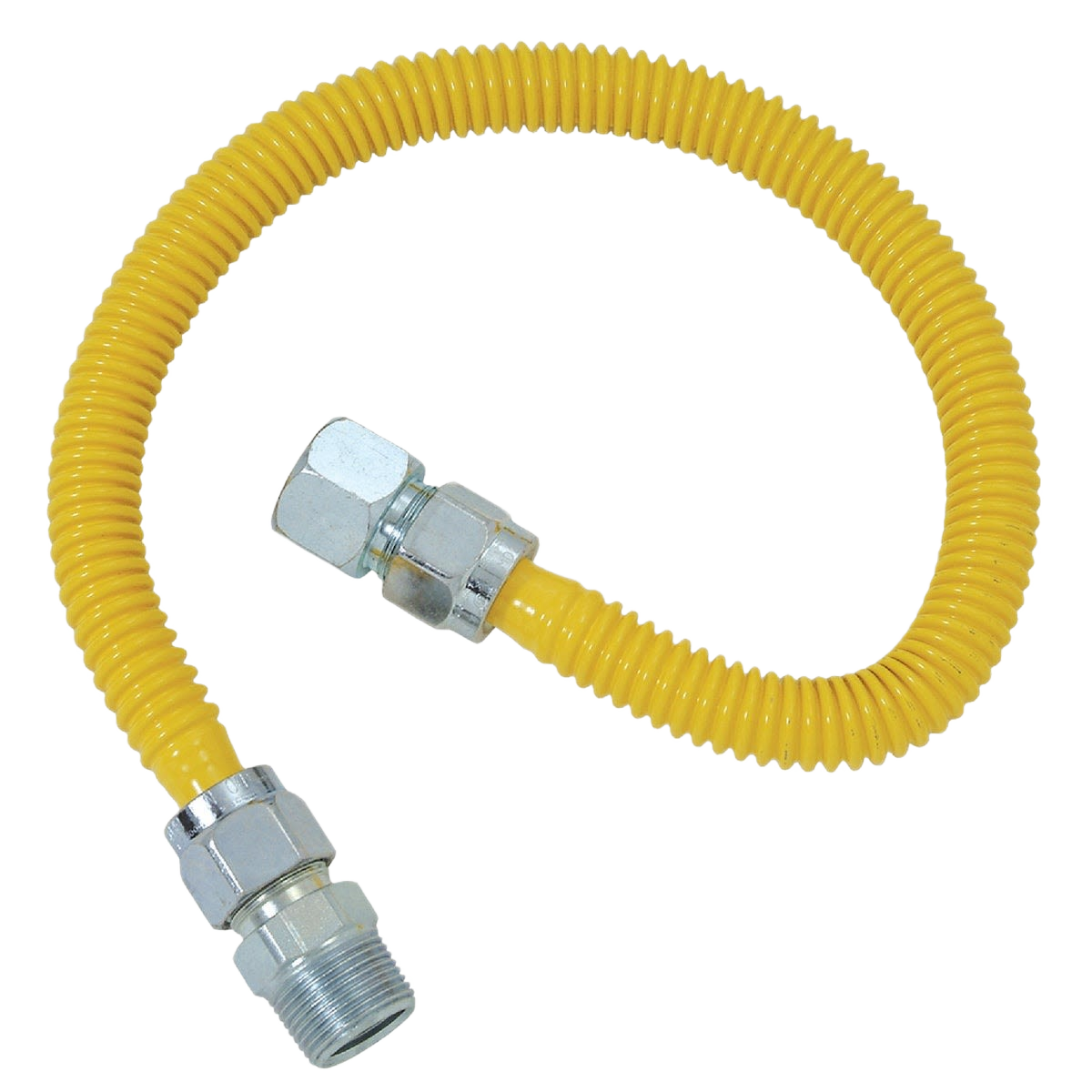 Flexible yellow stainless steel gas connector hose with metal threaded fittings for home improvement use