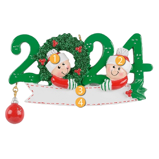 2024 green and red wreath ornament with two smiling characters and customizable name banner for Christmas decor under $50 collection
